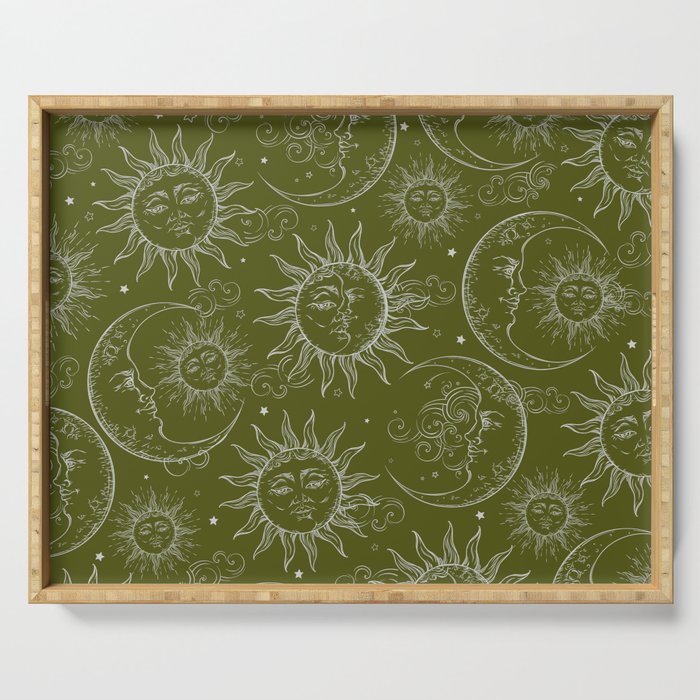 Olive Green Celestial Magic Sun Moon Stars Serving Tray Gallery Image 1
