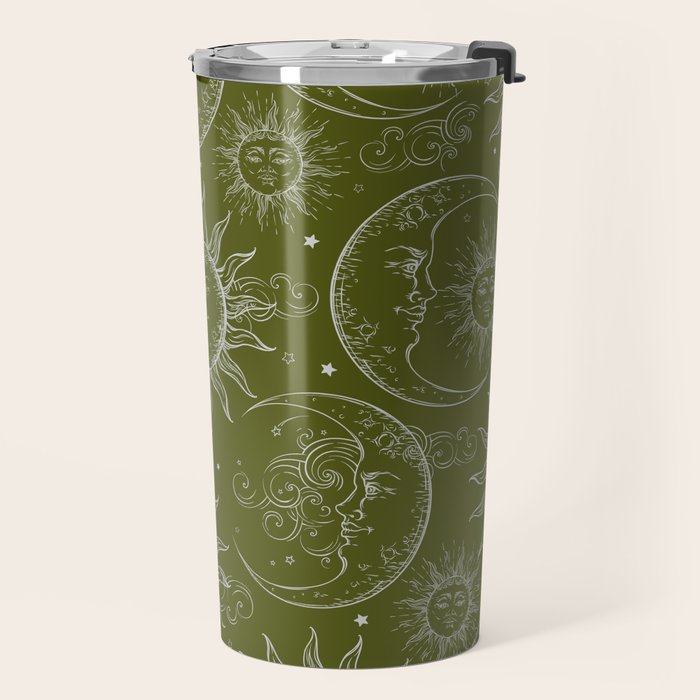 Olive Green Celestial Magic Sun Moon Stars Travel Mug Gallery Image 2