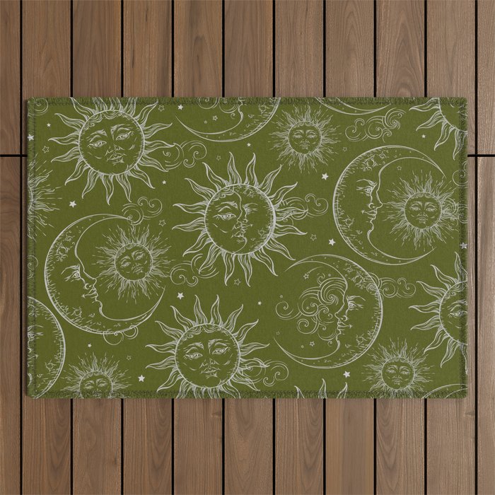 Olive Green Celestial Magic Sun Moon Stars Outdoor Rug Gallery Image 1