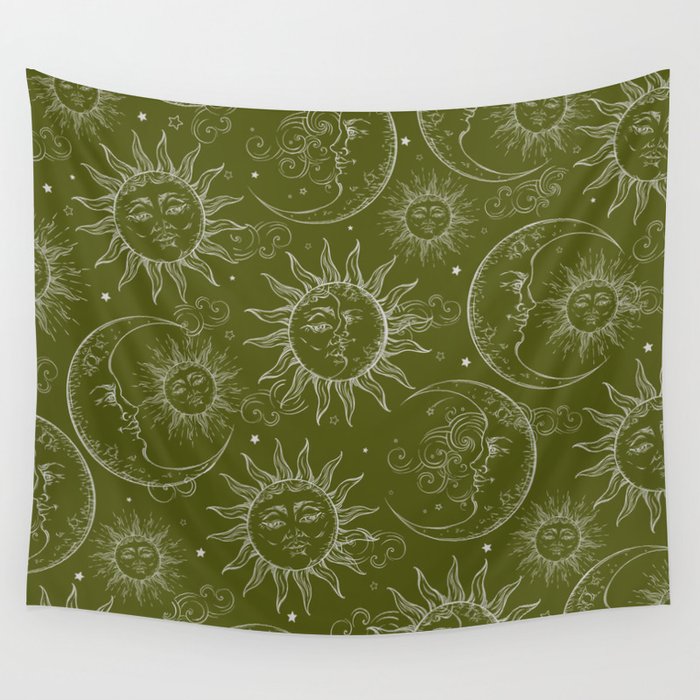 Olive Green Celestial Magic Sun Moon Stars Wall Tapestry Gallery Image 1