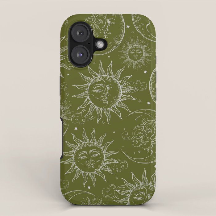 Olive Green Celestial Magic Sun Moon Stars iPhone Case Gallery Image 1