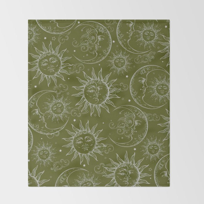 Olive Green Celestial Magic Sun Moon Stars Throw Blanket Gallery Image 2