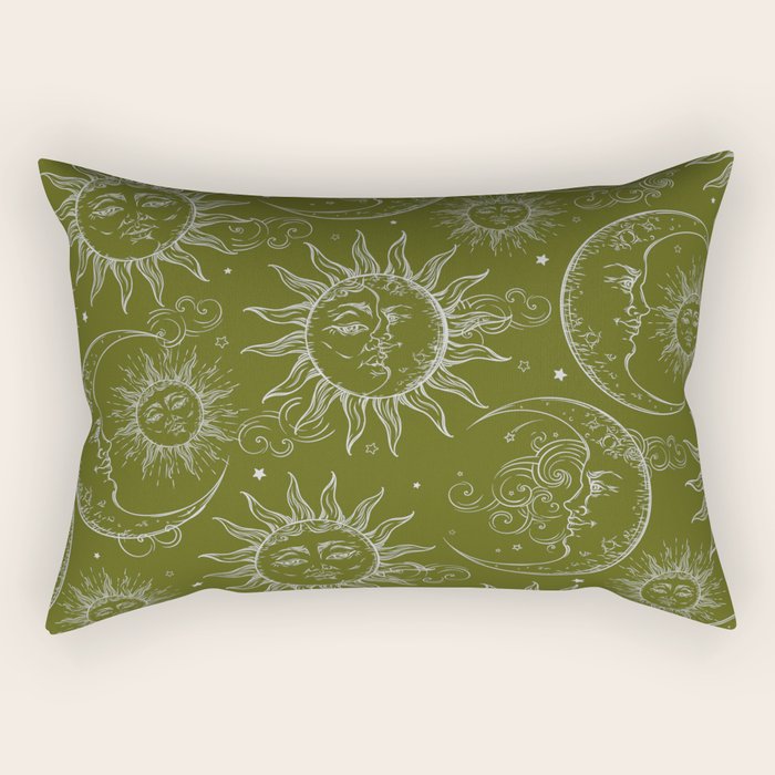 Olive Green Celestial Magic Sun Moon Stars Rectangular Pillow Gallery Image 2