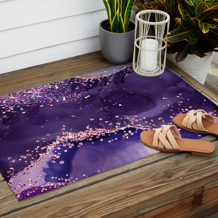 Glitter Agate Purple Pink Indigo Geode Marble Pattern Outdoor Rug Gallery Image 2