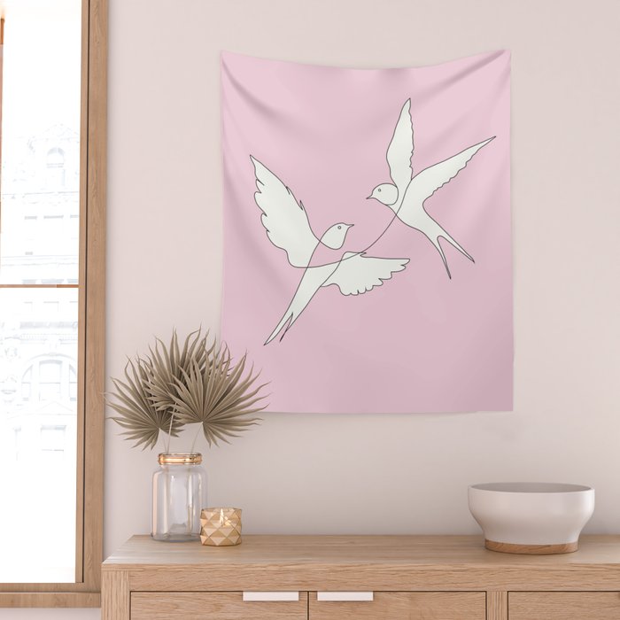 Two Swallows Line Art Wall Tapestry Gallery Image 2