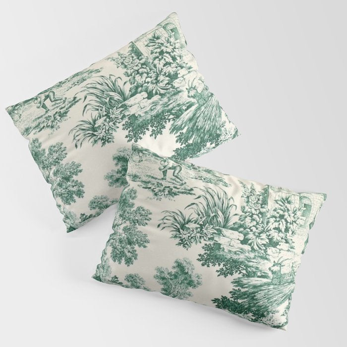 Green Toile de Jouy Pillow Sham Gallery Image 1