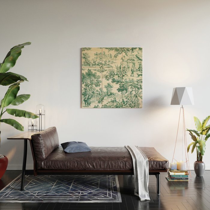 Green Toile de Jouy Wood Wall Art Gallery Image 2