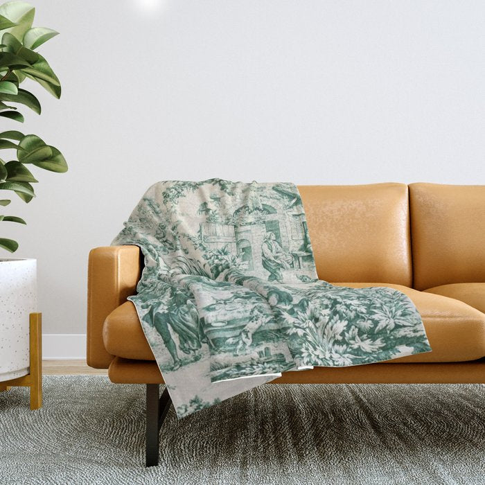 Green Toile de Jouy Throw Blanket Gallery Image 1