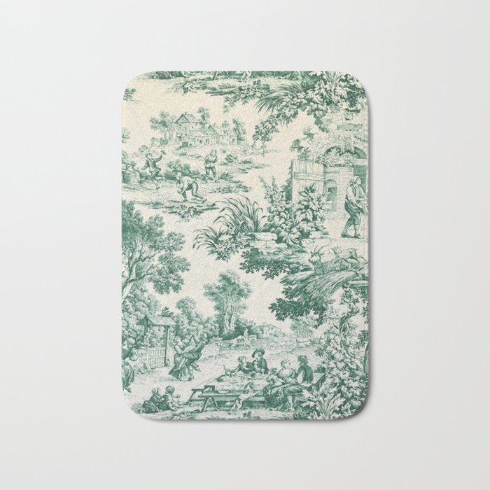 Green Toile de Jouy Bath Mat Gallery Image 1