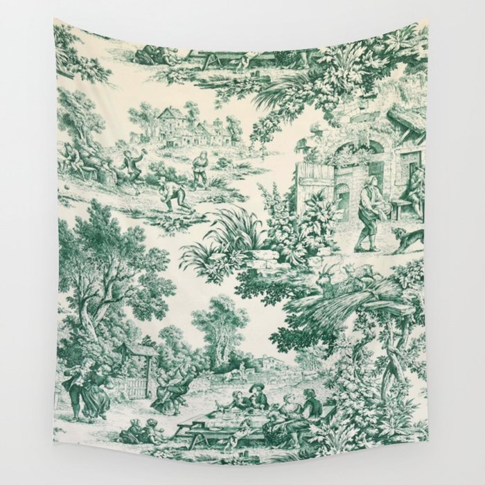 Green Toile de Jouy Wall Tapestry Gallery Image 1