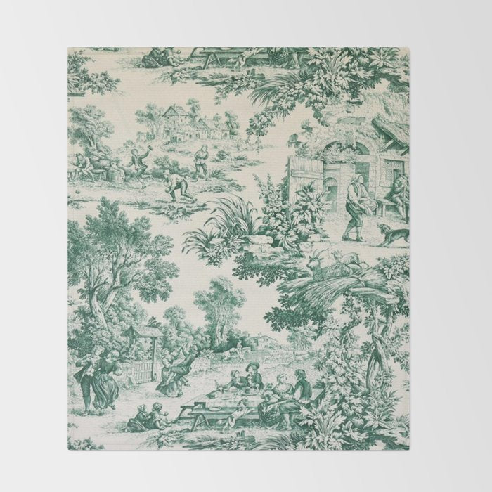 Green Toile de Jouy Throw Blanket Gallery Image 2