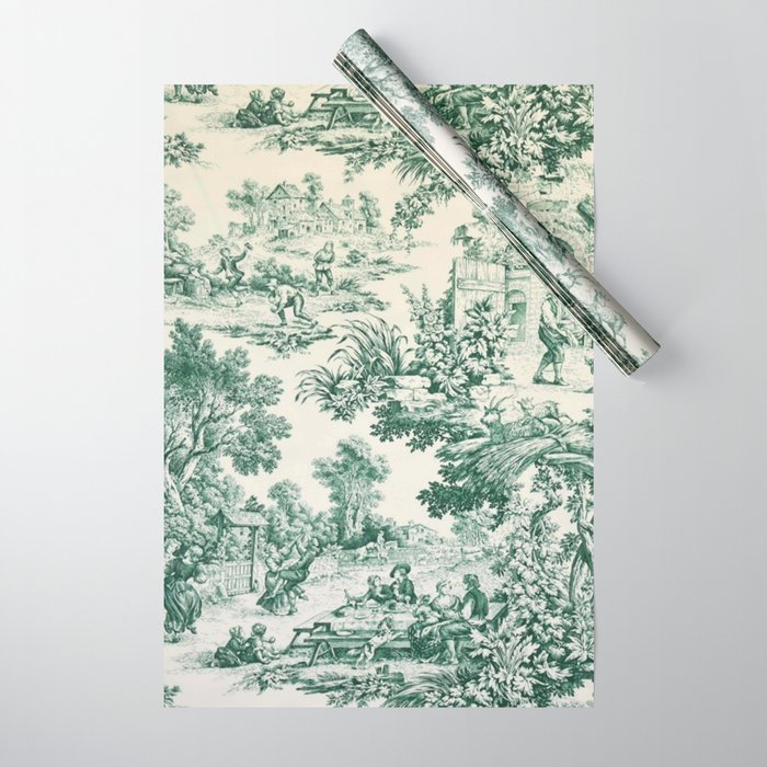 Green Toile de Jouy Wrapping Paper Gallery Image 1