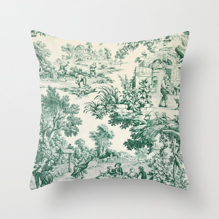 Green Toile de Jouy Throw Pillow