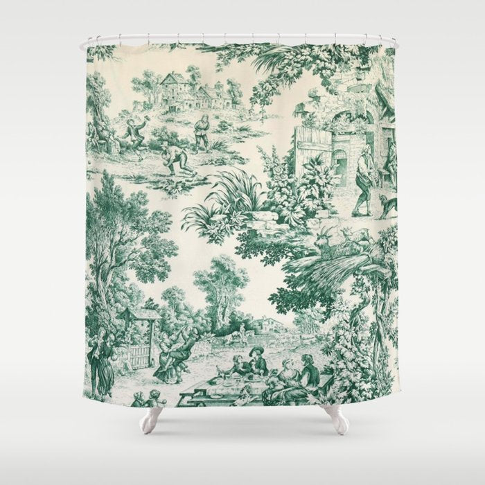 Green Toile de Jouy Shower Curtain Gallery Image 1