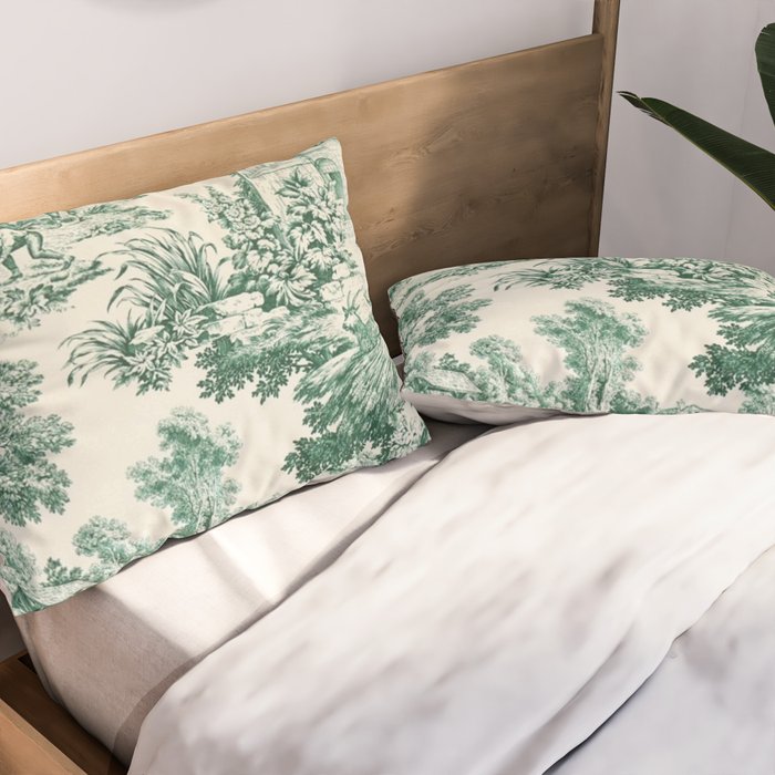 Green Toile de Jouy Pillow Sham Gallery Image 2