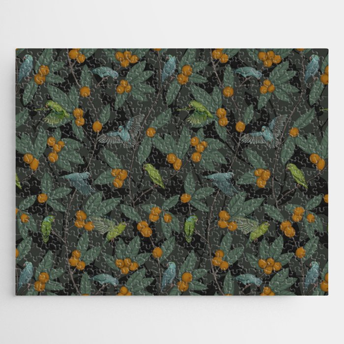 Green & Turquoise Parrotlets and Loquats Jigsaw Puzzle Gallery Image 1