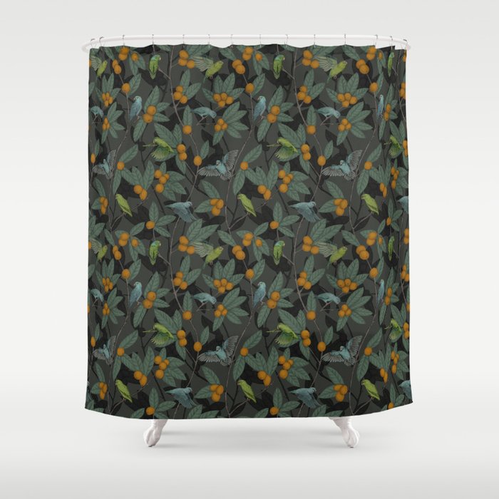 Green & Turquoise Parrotlets and Loquats Shower Curtain Gallery Image 1