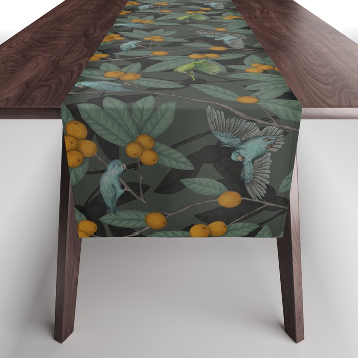 Green & Turquoise Parrotlets and Loquats Table Runner Gallery Image 1
