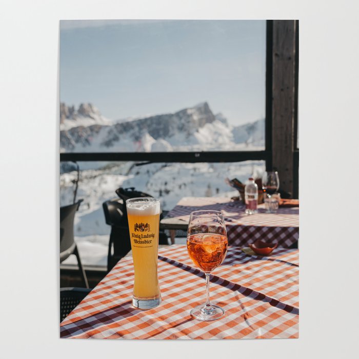 Après-ski drinks atop the Dolomites ski resort | Aperol Spritz with a view | Cocktail Photography  Poster Gallery Image 1