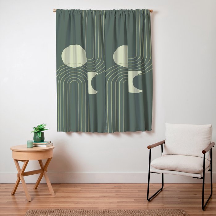 Mid Century Modern Geometric 126 in Forest Green Shades (Rainbow and Sun Abstraction) Window Curtain Gallery Image 3
