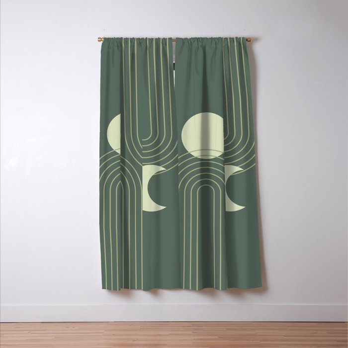 Mid Century Modern Geometric 126 in Forest Green Shades (Rainbow and Sun Abstraction) Window Curtain Gallery Image 3