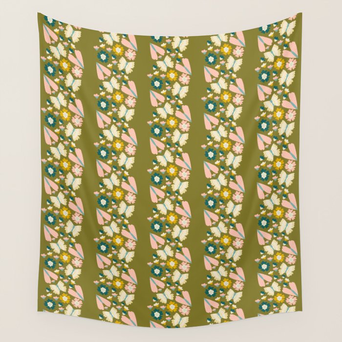 Floral Stripe - Olive  Wall Tapestry Gallery Image 1