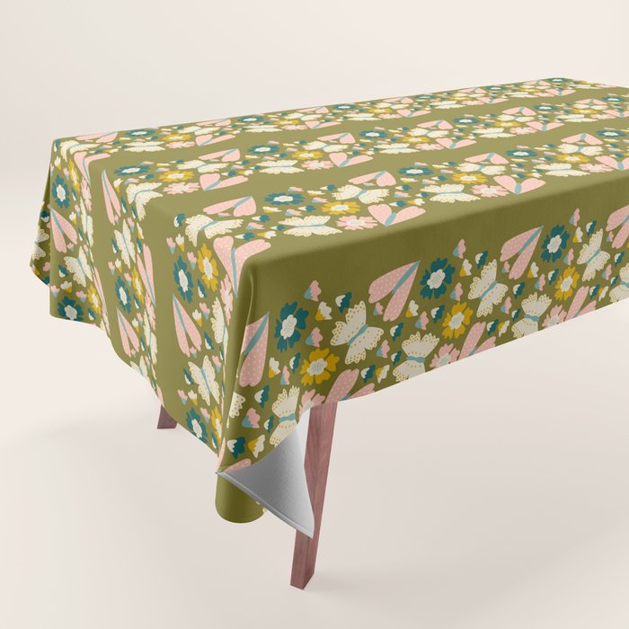 Floral Stripe - Olive  Tablecloth Gallery Image 1