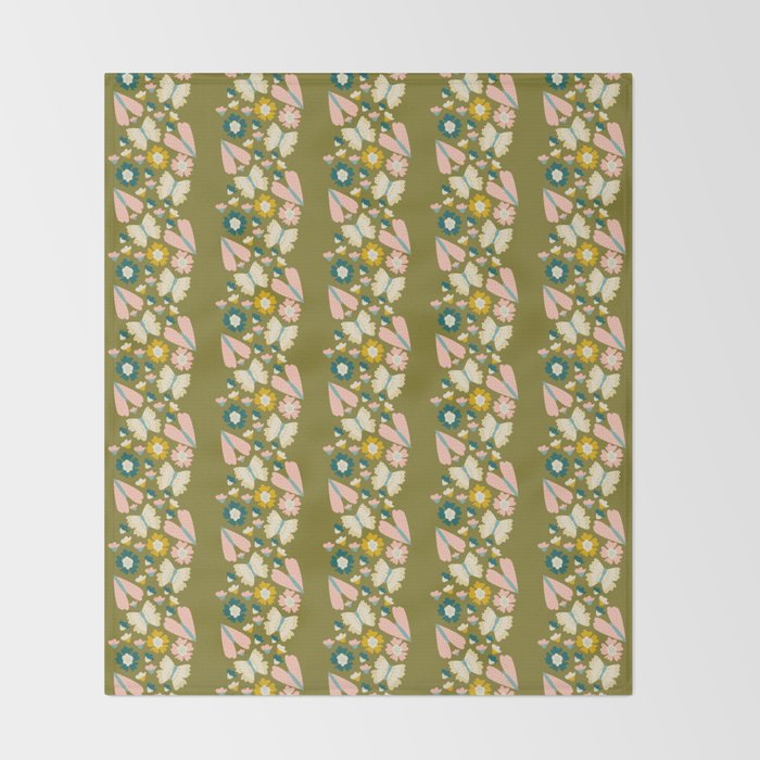 Floral Stripe - Olive  Throw Blanket Gallery Image 2