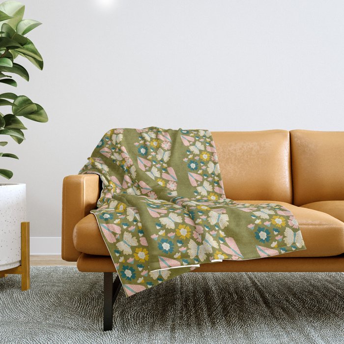 Floral Stripe - Olive  Throw Blanket Gallery Image 1