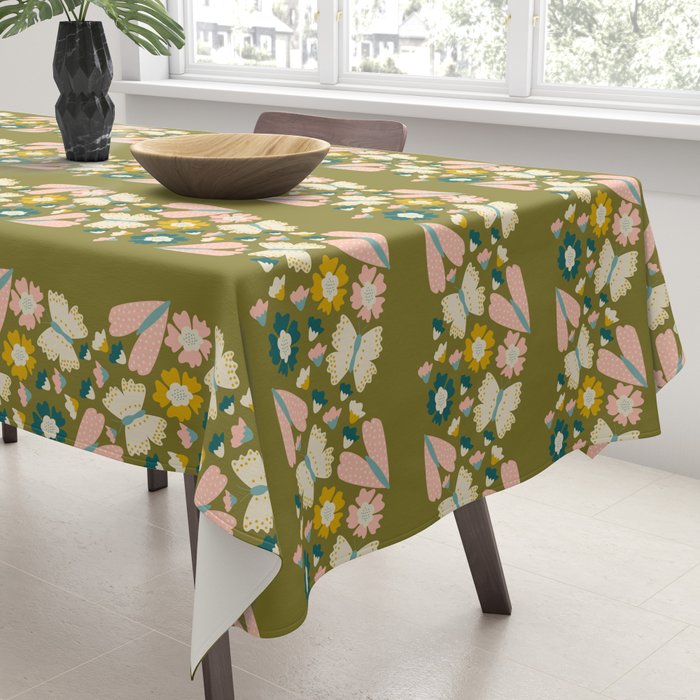 Floral Stripe - Olive  Tablecloth Gallery Image 3