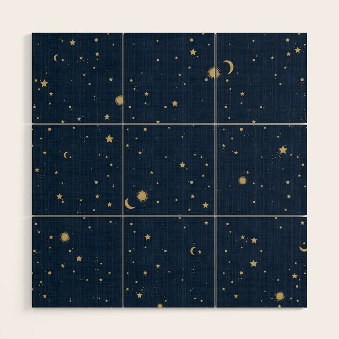 Magical Night / Galaxy in Blue and Golden Yellow Shades Wood Wall Art Gallery Image 1