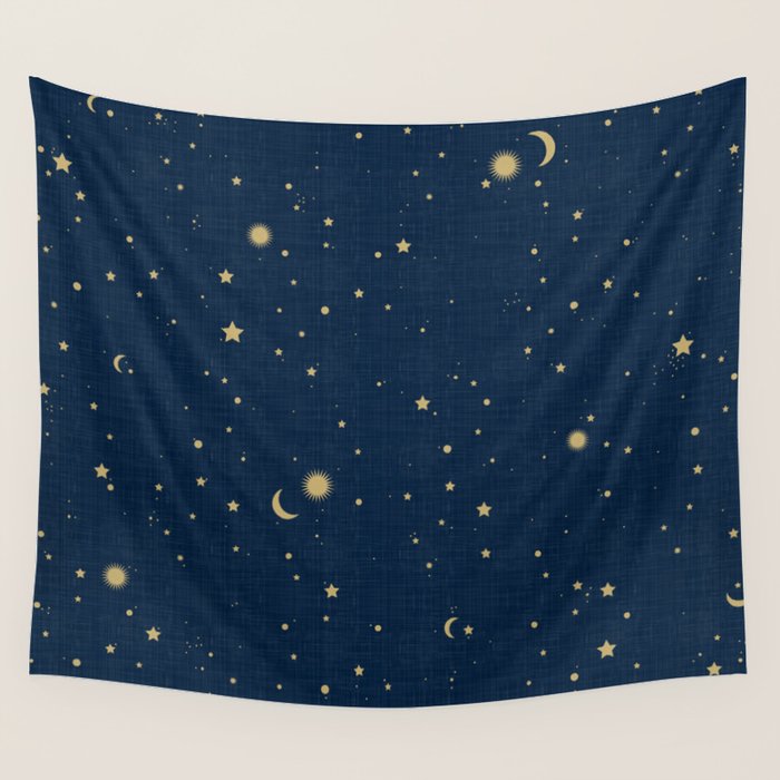 Magical Night / Galaxy in Blue and Golden Yellow Shades Wall Tapestry Gallery Image 4