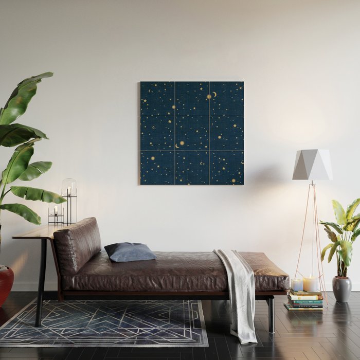 Magical Night / Galaxy in Blue and Golden Yellow Shades Wood Wall Art Gallery Image 2