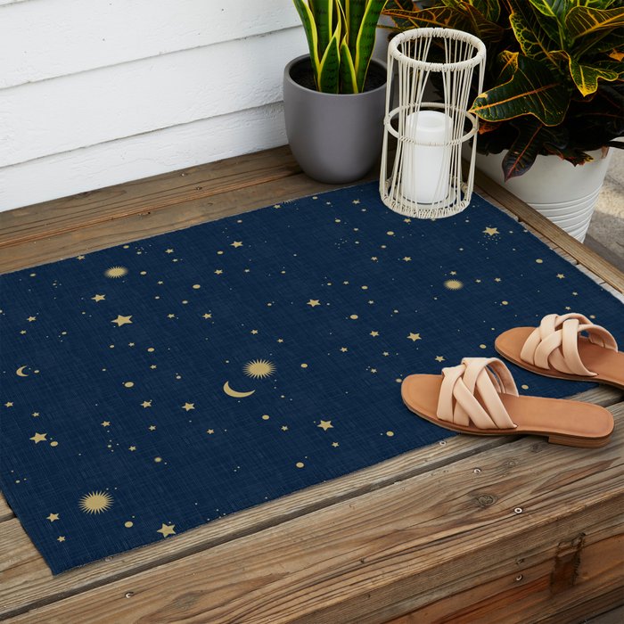 Magical Night / Galaxy in Blue and Golden Yellow Shades Outdoor Rug Gallery Image 2