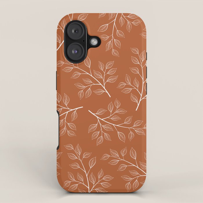 Delicate White Leaves and Branch on a Rust Orange Background iPhone Case Gallery Image 1
