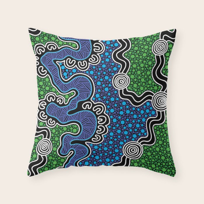 Authentic Aboriginal Art - The River (green) Throw Pillow Gallery Image 6