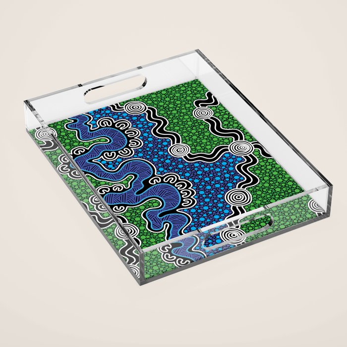 Authentic Aboriginal Art - The River (green) Acrylic Tray Gallery Image 1
