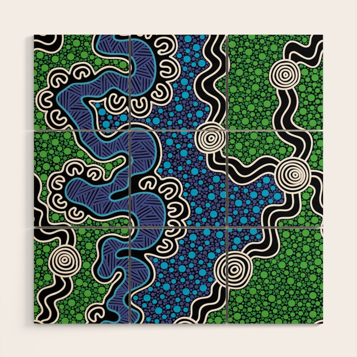 Authentic Aboriginal Art - The River (green) Wood Wall Art Gallery Image 1