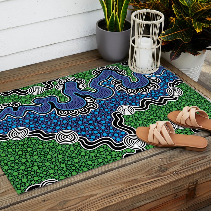 Authentic Aboriginal Art - The River (green) Outdoor Rug Gallery Image 2