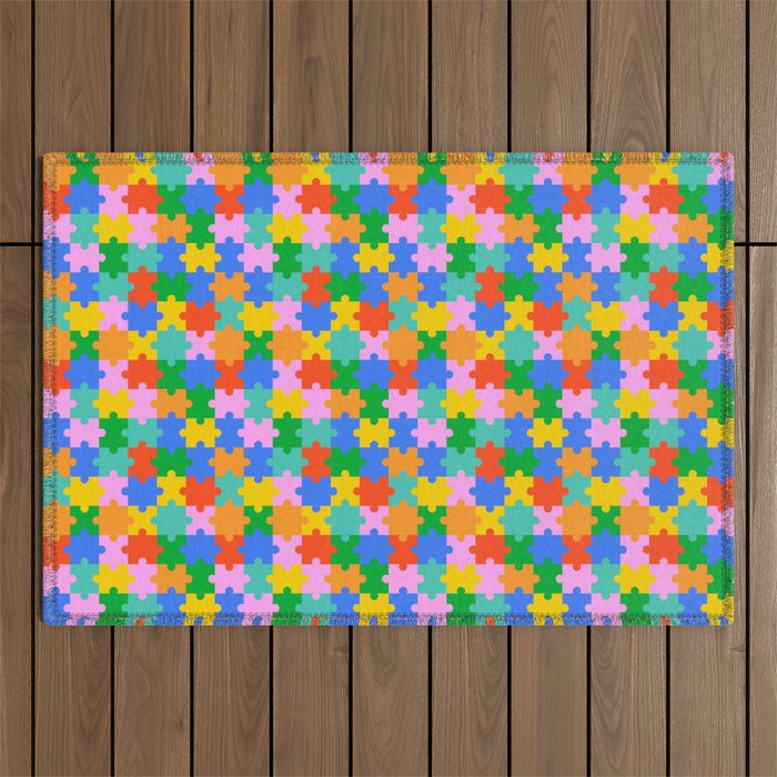 Fun colorful puzzle piece shape pattern Outdoor Rug Gallery Image 1