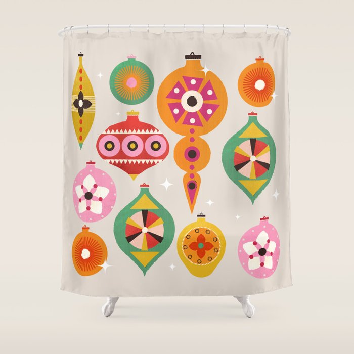 Christmas Tree Retro Ornaments Shower Curtain Gallery Image 1