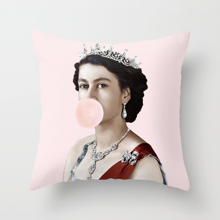 Queen Elizabeth II Blowing Pink Bubble gum Throw Pillow Gallery Image 6