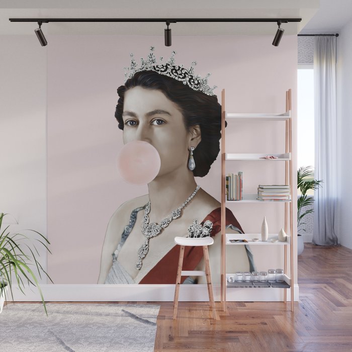 Queen Elizabeth II Blowing Pink Bubble gum Wall Mural Gallery Image 1