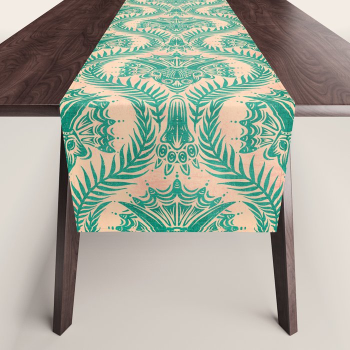 Triceratops Damask - Verdigris on peach Table Runner Gallery Image 1