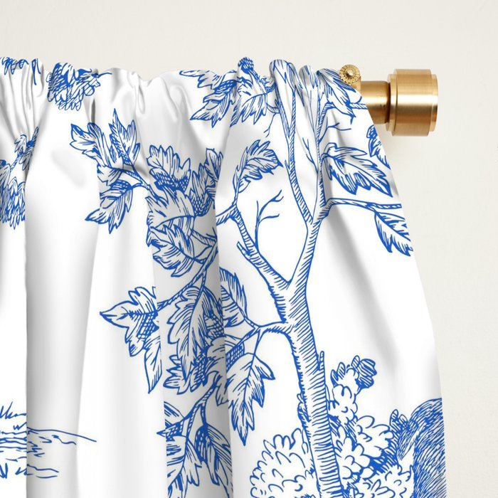Toile de Jouy Vintage French Exotic Jungle Forest Blue & White Window Curtain Gallery Image 2