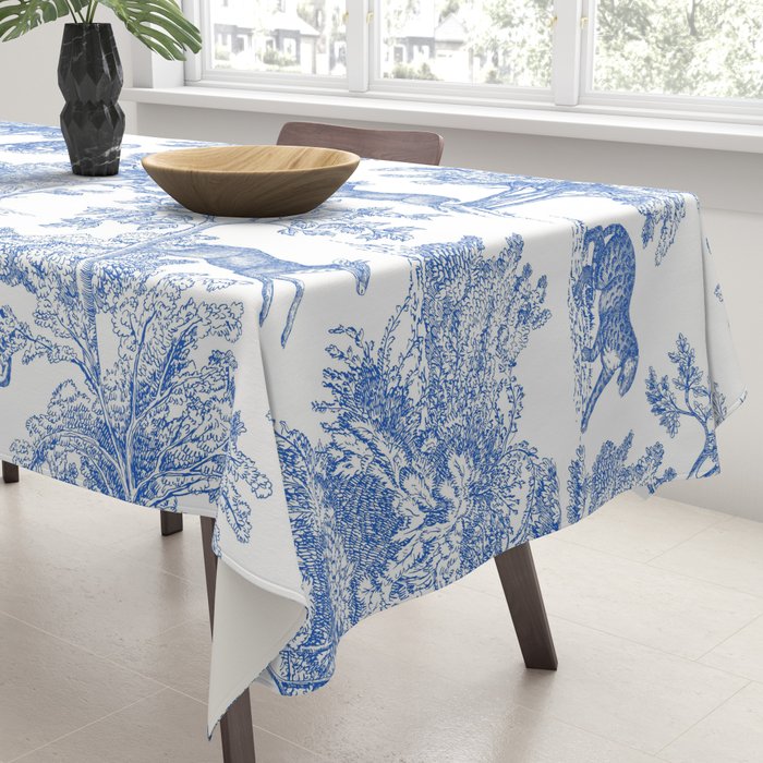 Toile de Jouy Vintage French Exotic Jungle Forest Blue & White Tablecloth Gallery Image 3