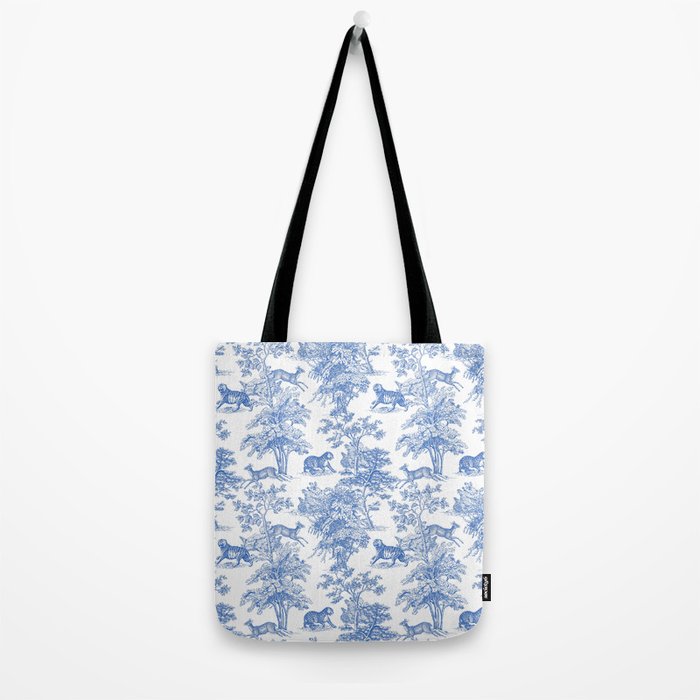 Toile de Jouy Vintage French Exotic Jungle Forest Blue & White Tote Bag Gallery Image 2