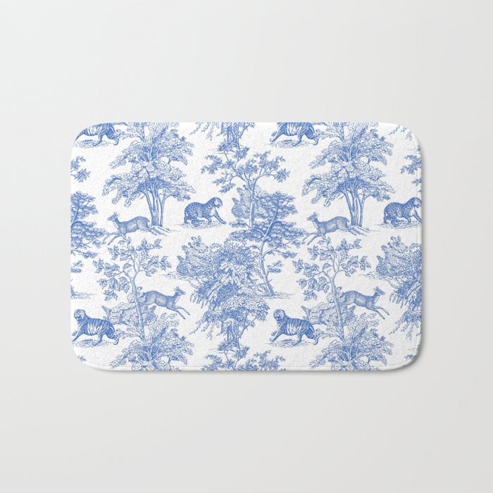 Toile de Jouy Vintage French Exotic Jungle Forest Blue & White Bath Mat Gallery Image 1
