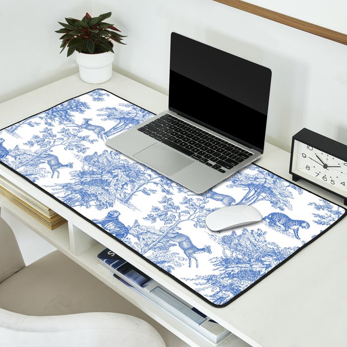Toile de Jouy Vintage French Exotic Jungle Forest Blue & White Desk Mat Gallery Image 2