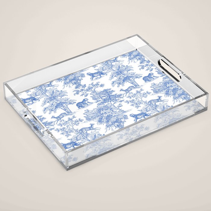 Toile de Jouy Vintage French Exotic Jungle Forest Blue & White Acrylic Tray Gallery Image 1